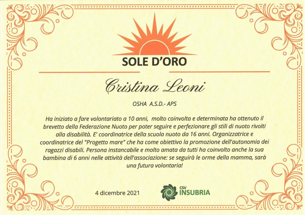 Cristina Leoni premiata al Sole d’Oro 2021